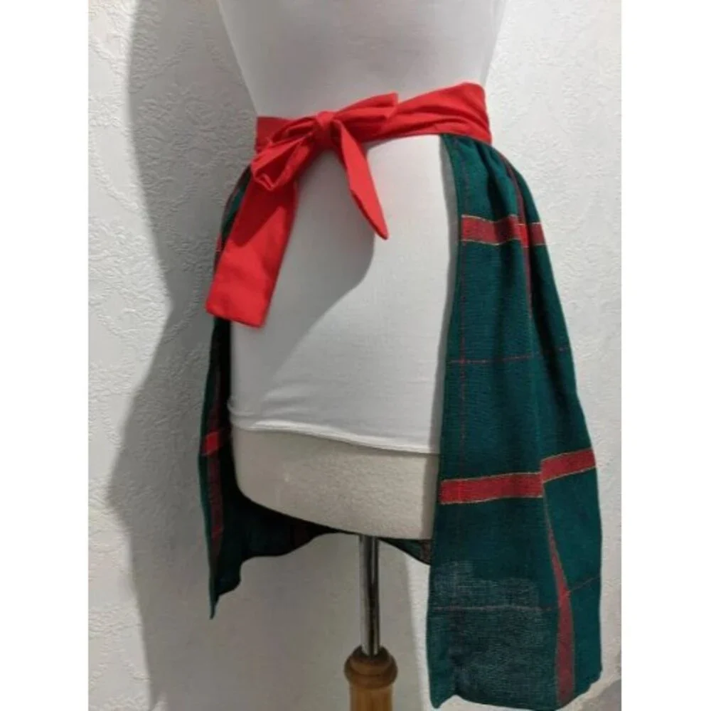 Green Christmas Red Woven Burlap Vintage Half Apron Holiday Plaid NOS